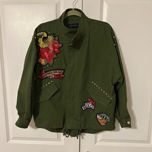 Zara Limited Edition Green Utility Jacket Tropical Patches studs and sequins